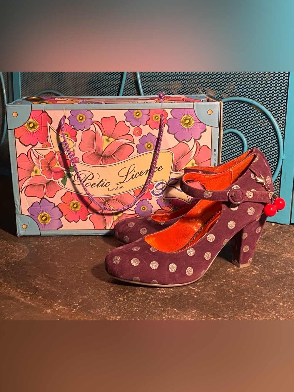 Irregular Choice Poetic License Mary Jane heels,purple suede,silver polka dots 7
